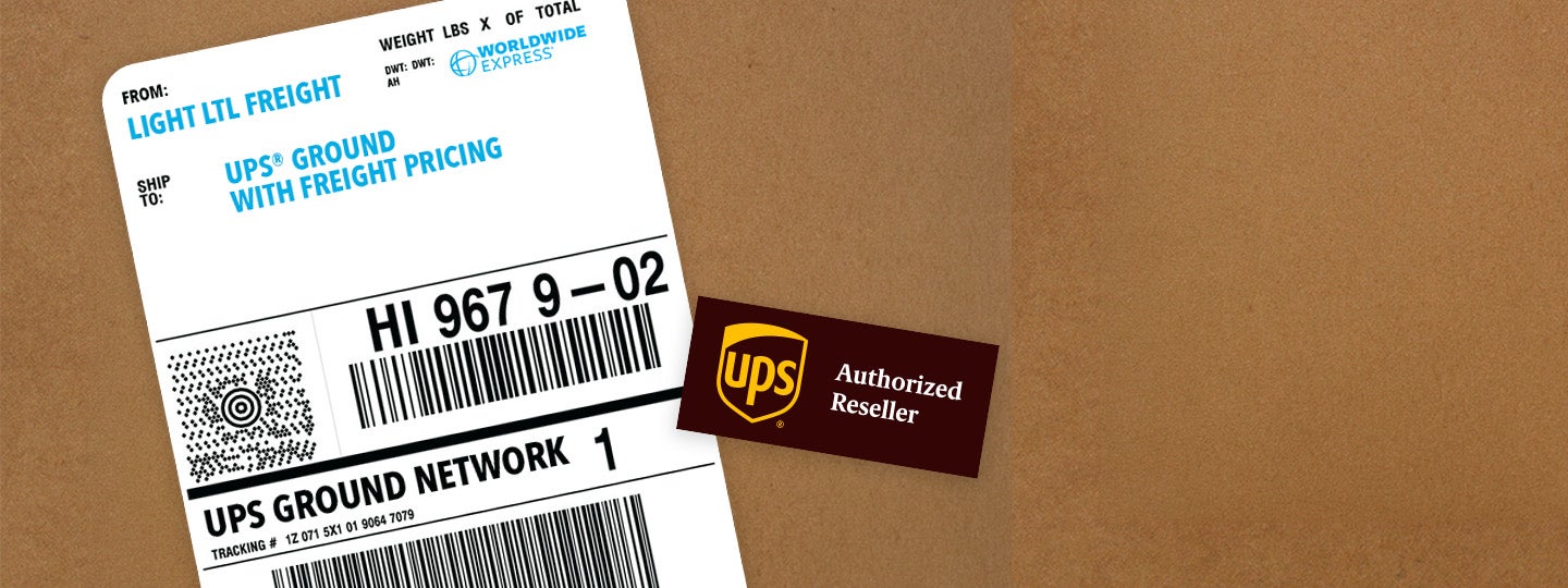 A UPS shipping label with tracking information sits beside a brown UPS Authorized Reseller badge on a brown cardboard background.