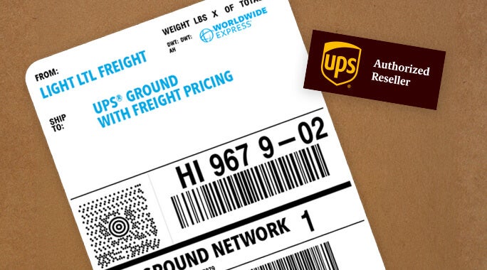 A UPS shipping label with tracking barcodes and the text “UPS Ground With Freight Pricing,” next to a UPS Authorized Reseller logo on a brown background.