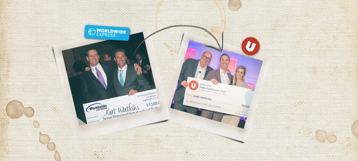 Two photos are linked by an arrow: one shows three men in suits holding a $7,500 check from Worldwide Express; the other features four people smiling with a $71,000 check. Discover success stories and growth through Worldwide Express careers.