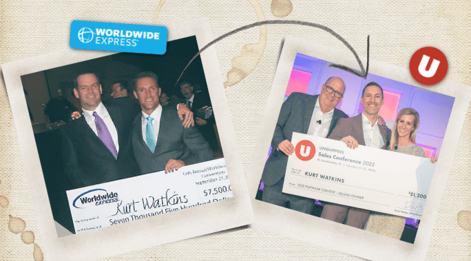Two photos show smiling men in business attire holding large checks at award ceremonies. One check is for $7,500, the other for $41,200. Both feature Worldwide Express branding. An arrow connects the two photos.
