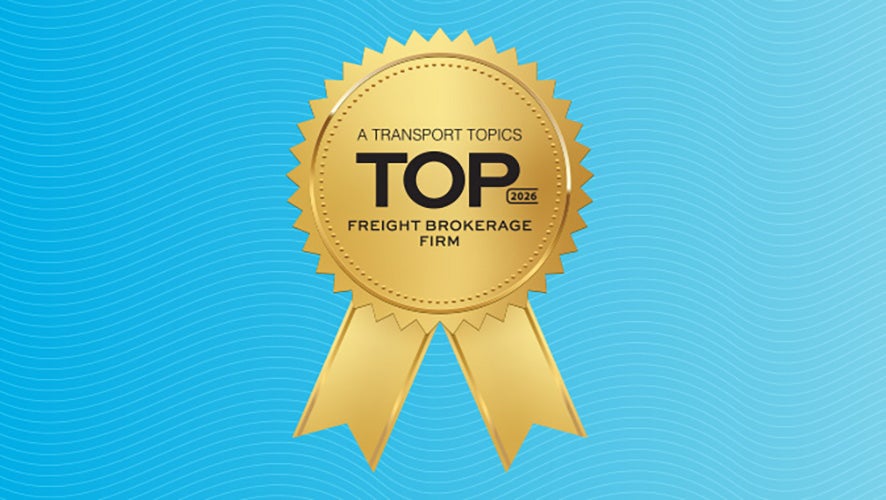 A gold award ribbon with the text A Transport Topics Top 2026 Freight Brokerage Firm and WWEX Group Top 10 3PL Inbound Logistics Awards on a blue background with subtle wave patterns.