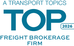 Logo with text: A Transport Topics Top 2026 Freight Brokerage Firm, recognized for excellence in 3PL shipping solutions and UPS parcel and freight shipping, in blue capital letters on a light background.