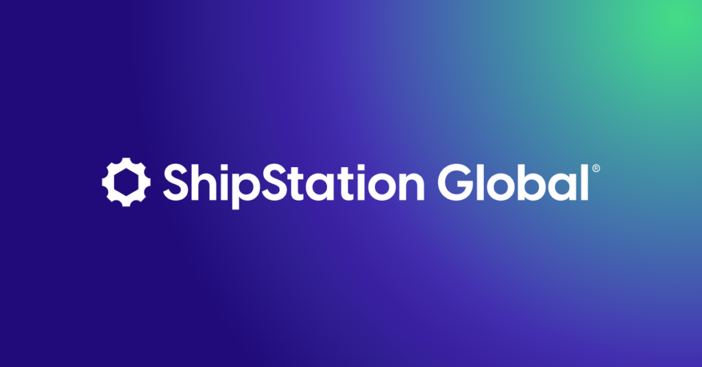 White ShipStation Global logo with a gear icon on a blue and green gradient background.