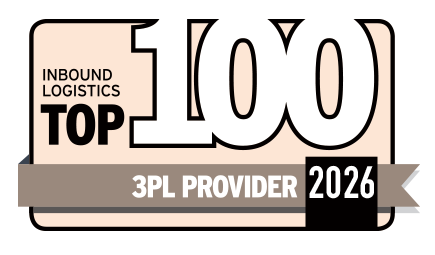 Logo with text: INBOUND LOGISTICS TOP 100 3PL PROVIDER 2026 on a beige and white background featuring a gray ribbon design, celebrating recognition as a leading 3PL company.