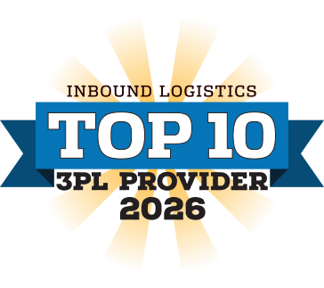 Award badge with text: Inbound Logistics Top 10 3PL Provider 2026 on a blue ribbon with a yellow sunburst background, highlighting excellence in 3PL shipping solutions and UPS parcel and freight shipping.