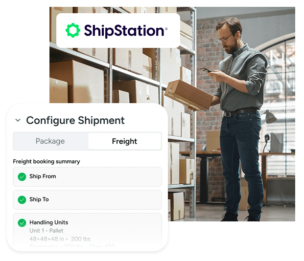 A man scans a box in a warehouse. Inset shows ShipStation’s shipment configuration screen with options for shipping and handling details, including settings tailored for LTL freight and less than truckload shipping.
