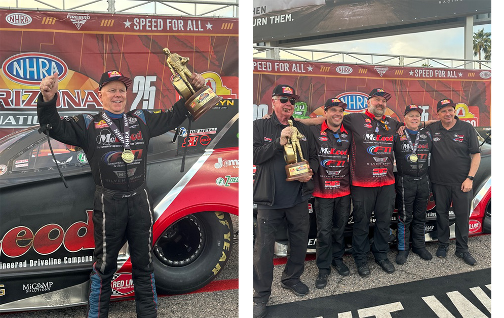 A race car driver holds a trophy and smiles in front of his car, showcasing outstanding automotive performance. In the second image, he poses with three team members—all celebrating the victory at the NHRA Arizona Nationals event—demonstrating a winning team spirit that makes this moment a perfect case study for McLeod Racing’s continued success.