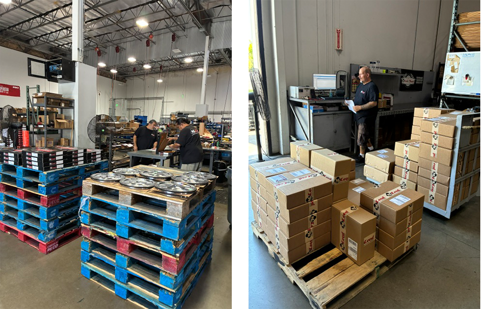 Left: Workers stand behind pallets stacked with metal trays and bakery boxes in a warehouse, highlighting efficient logistics similar to strategies detailed in a McLeod Racing case study. Right: A man stands near pallets loaded with sealed cardboard boxes in a shipping area, demonstrating streamlined operations that contribute to high racing performance standards.