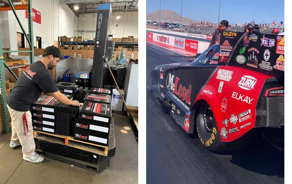 Left: A man stacks boxes on a pallet in a warehouse, an essential step in the logistics process highlighted in this case study. Right: People stand next to a black and red McLeod Racing car on a racetrack, with mountains and empty stands in the background.