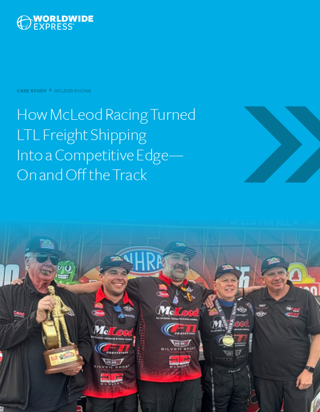 Five members of the McLeod Racing team smile while holding a trophy, next to text about how the team turned LTL freight shipping for automotive parts into a competitive edge on and off the track.